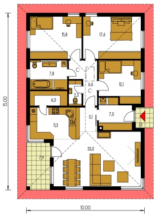 Spiegelverkehrter Entwurf | Grundriss des Erdgeschosses - BUNGALOW 188